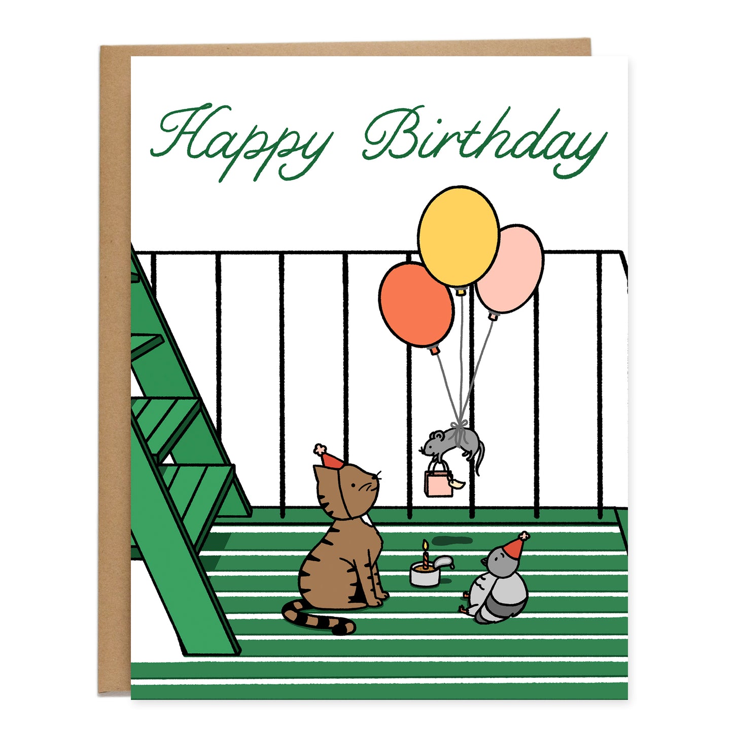 A drawing of a birthday party set on a green fire escape in NYC for a brown tabby cat wearing a birthday hat sitting with a pigeon wearing a birthday hat too and a rat floating down attached to three balloons holding a gift bag