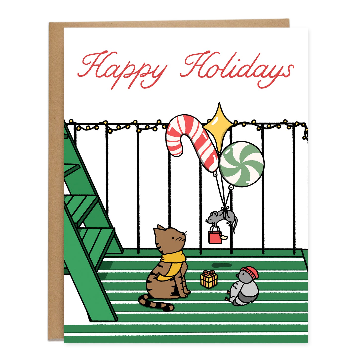 Card of a holiday party on a green fire escape with a cat and pigeon looking up at a rat floating down attached to three holiday balloons holding a gift bag