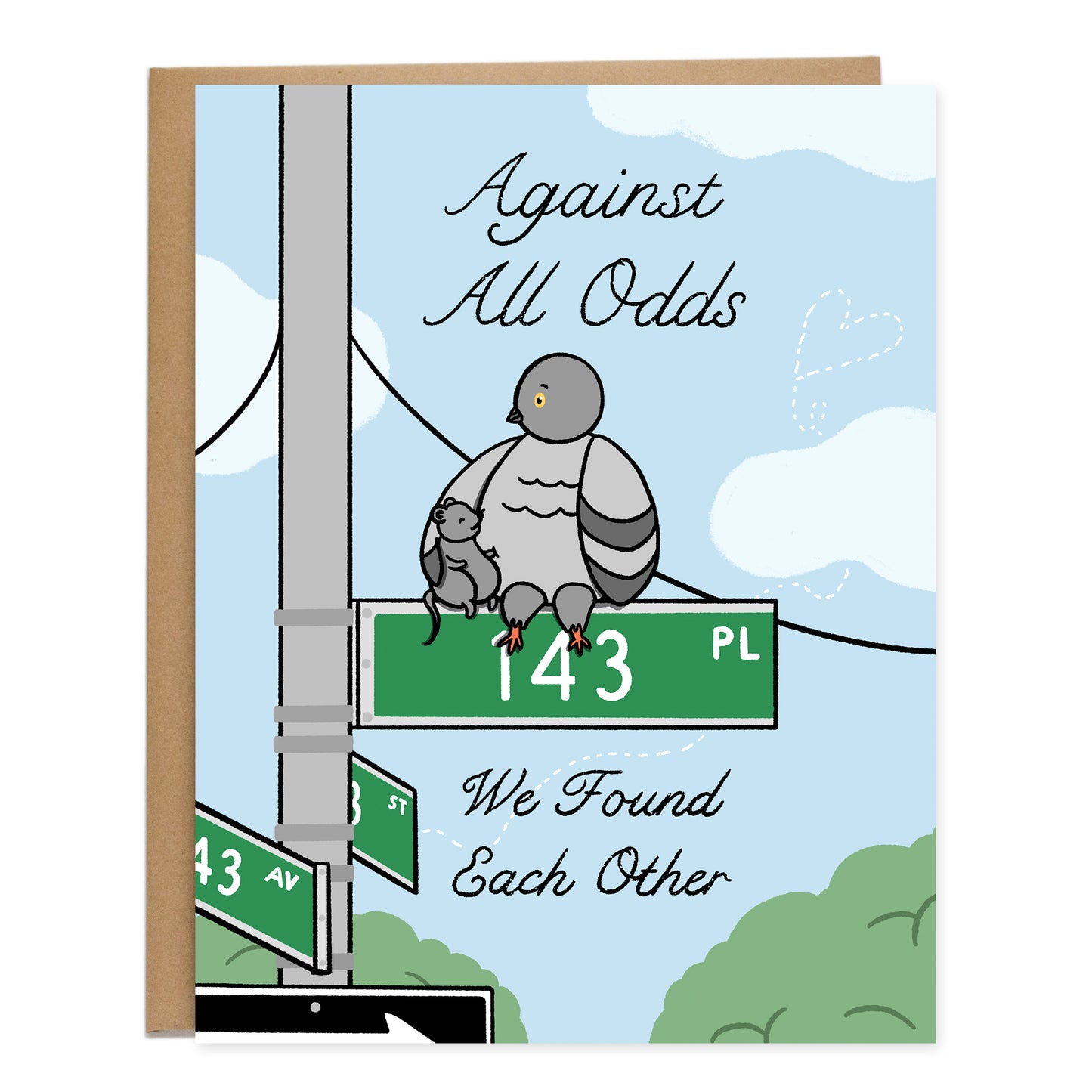 A drawing of a pigeon with its arm around a rat smiling, sitting on top of a green street sign in that reads 143 Pl and a street pole with multiple signs set in NYC