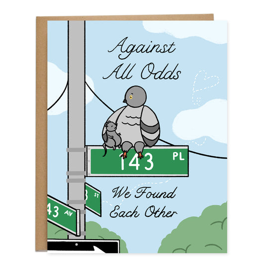 A drawing of a pigeon with its arm around a rat smiling, sitting on top of a green street sign in that reads 143 Pl and a street pole with multiple signs set in NYC