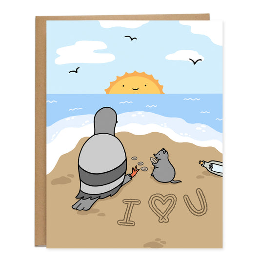 A drawing of a pigeon and rat at the beach sitting on the sand, watching the sunrise, and eating sunflower seeds. I <3 u is written in the sand