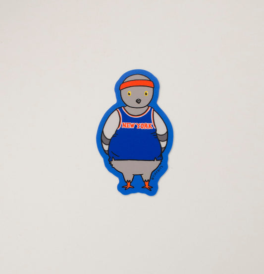 A drawing of a pigeon wearing a tightly fitted blue and orange basketball new york knicks jersey with an orange sweatband on its head, against a blue background