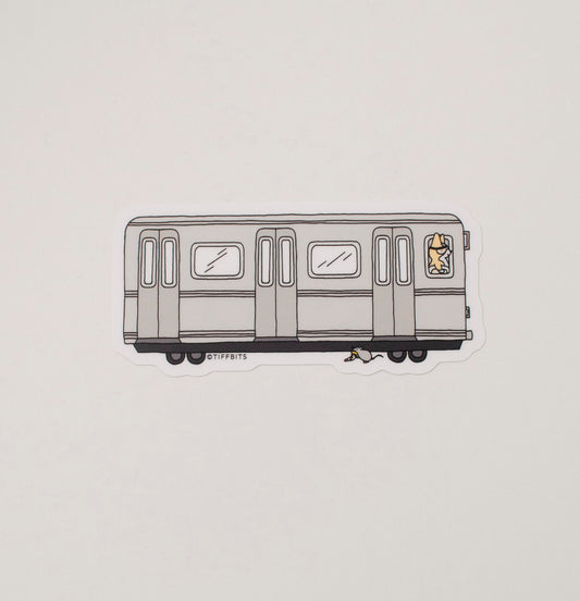 A drawing of a NYC subway train being conducted by a cute dog and a rat with a pizza in its mouth running alongside