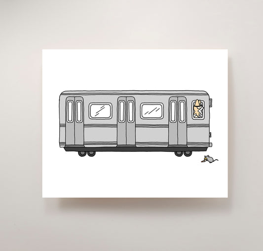 Drawing of a gray NYC subway with a corgi as the conductor and the infamous pizza rat on the track