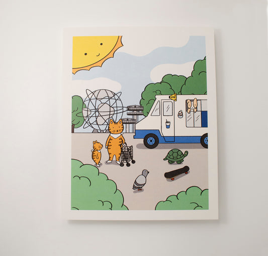 An illustration of Flushing Meadows Corona Park with the unisphere and towers in the background. A cute scene of a cat family, pigeon, and turtle with a skateboard are lining up in front of an ice cream truck with a corgi taking orders. They are surrounded by bushy trees and a sunny sky.