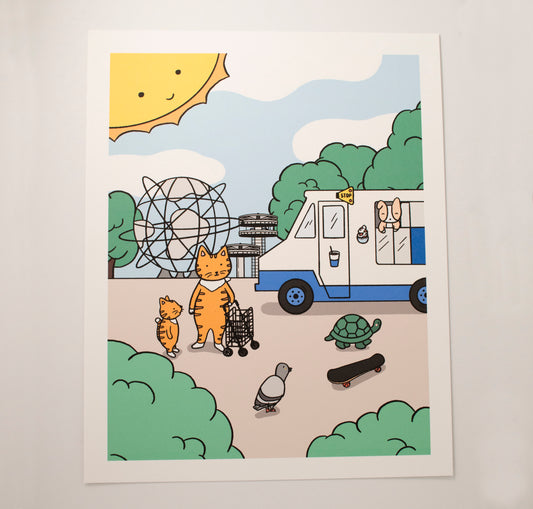 An illustration drawing of Flushing Meadows Corona Park with the unisphere and towers in the background. A cute scene of a cat family, pigeon, and turtle with a skateboard are lining up in front of an ice cream truck with a corgi taking orders. They are surrounded by bushy trees and a sunny sky.
