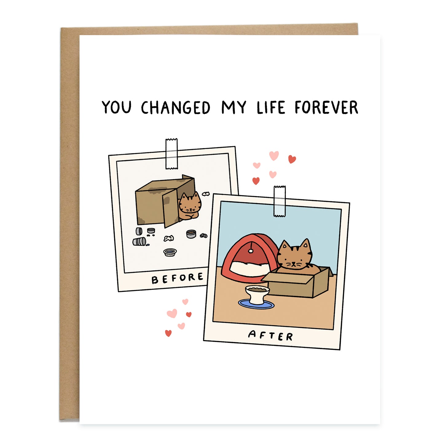 The card at the top reads, you changed my life forever. Underneath is a drawing of two polaroids, one has "before" written on the bottom with a photo of a cat inside a cardboard box surrounded by garbage and an open can of cat food. The polaroid overlapped in front of it reads "after", with the same cat sitting inside of a cardboard box next to an unused cat bed looking at cat food in an elevated cat bowl
