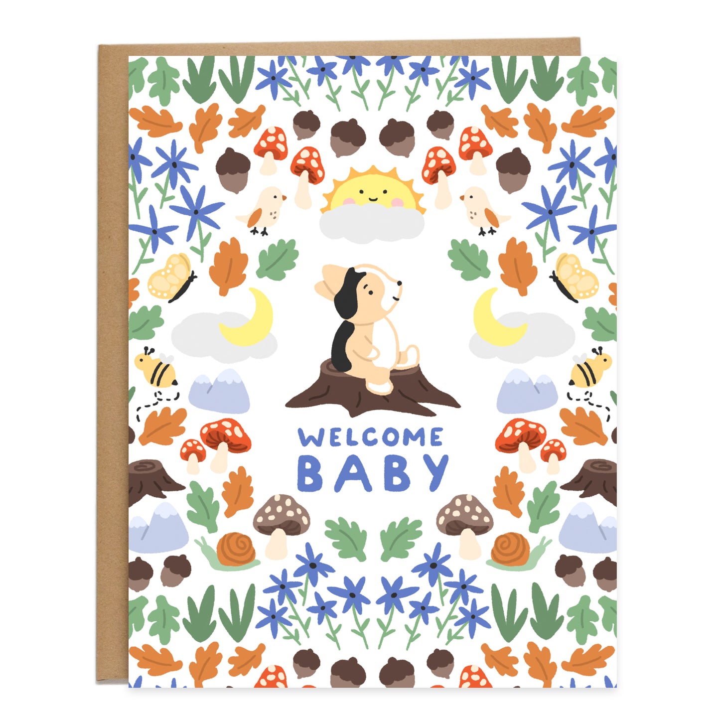 A baby tricolor corgi sitting on a tree stump looking up surrounded by a pattern of woodland themes like acorns, leaves, mushrooms, mountains, bees, birds, snails, and blue wildflowers