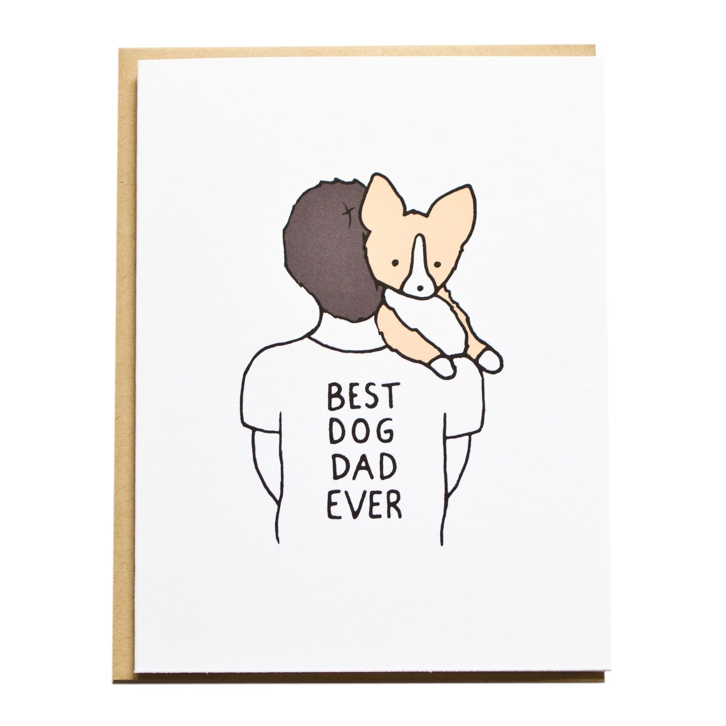dad with brunette short hair carrying a corgi wearing a tshirt that reads best dog dad ever