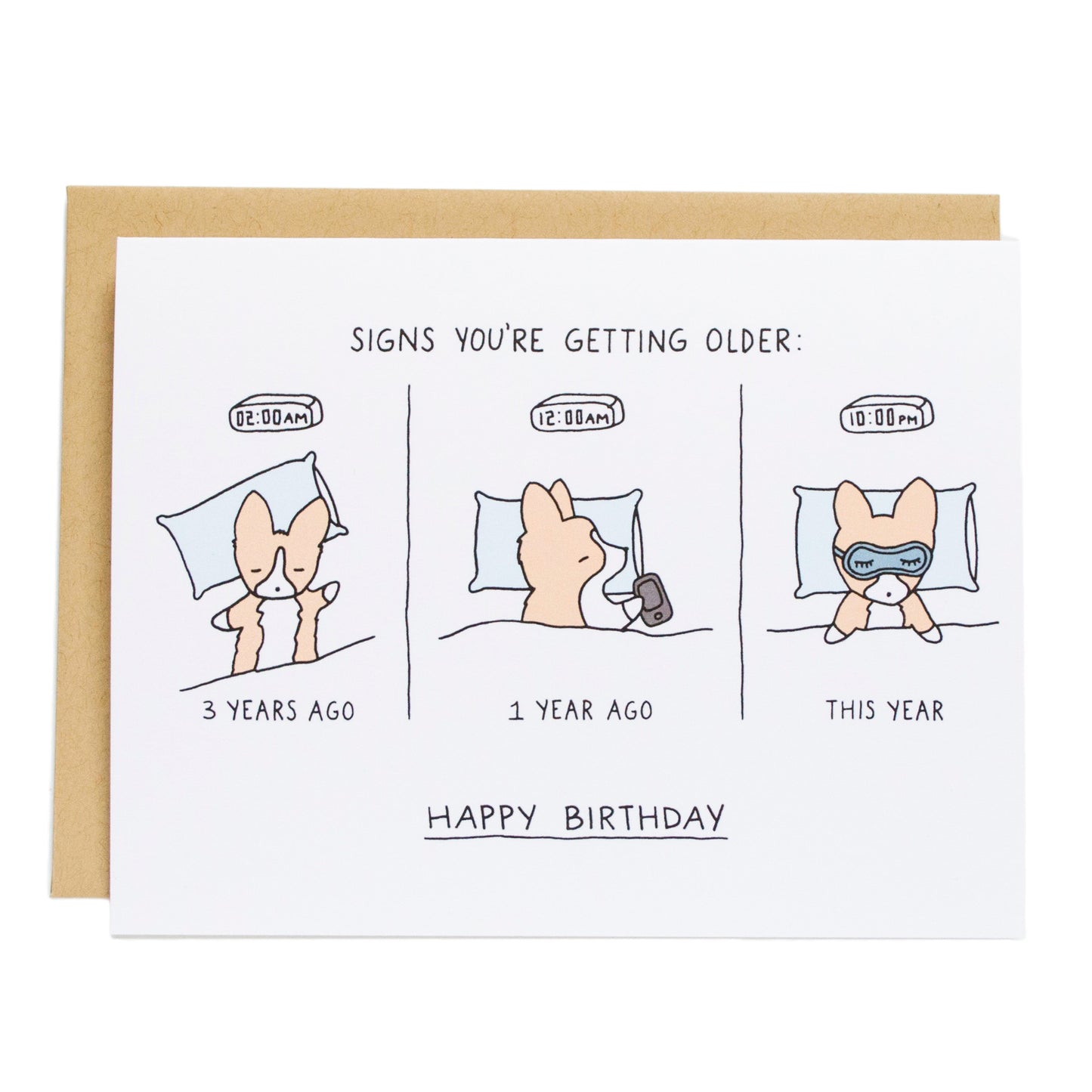 a triptych titled, signs you're getting older, of a corgi sleeping, the first one reads, 3 years ago, with a corgi sleeping at 2am, the middle one reads, 1 year ago, with the corgi sleeping at 12am, and the last one reads, this year, with a corgi sleeping at 10pm with a sleeping eye mask on