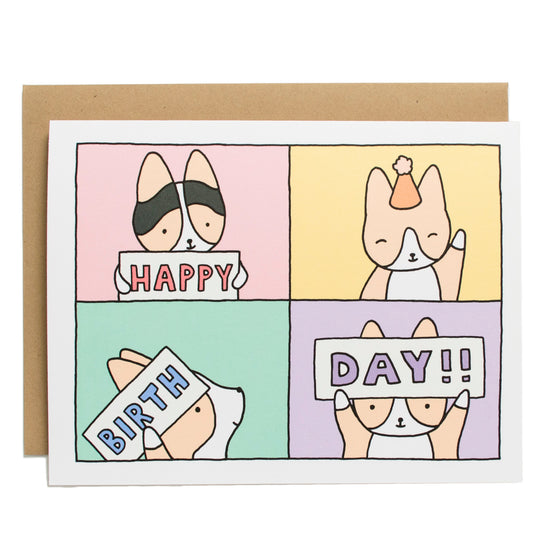 a quadrant of four corgi friends with three of them holding up signs that read, happy, birth, and day!!