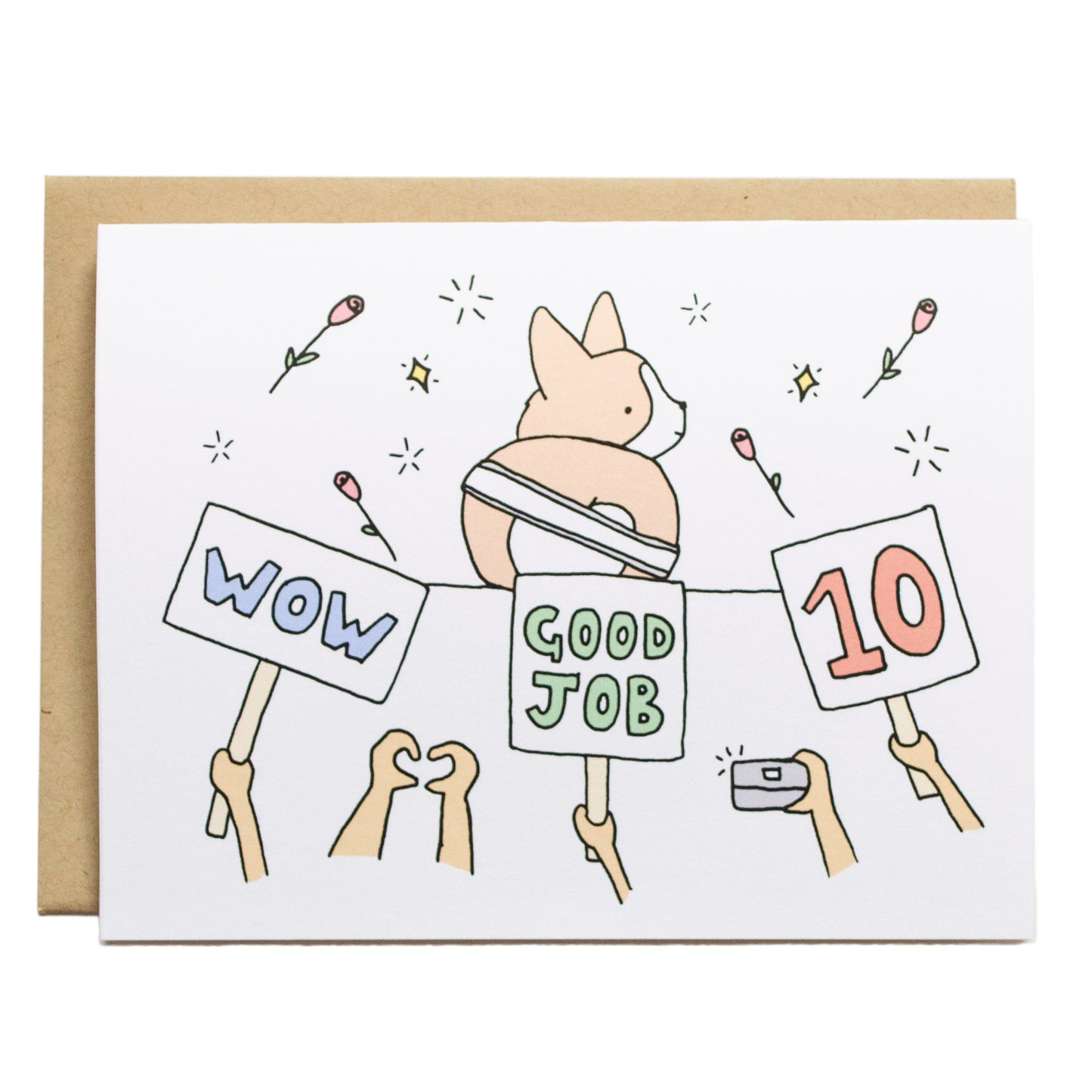a corgi on stage with a sash around it's body looking back at a crown taking photos and holding up signs that say, wow, good job, and 10. roses are being thrown on stage.