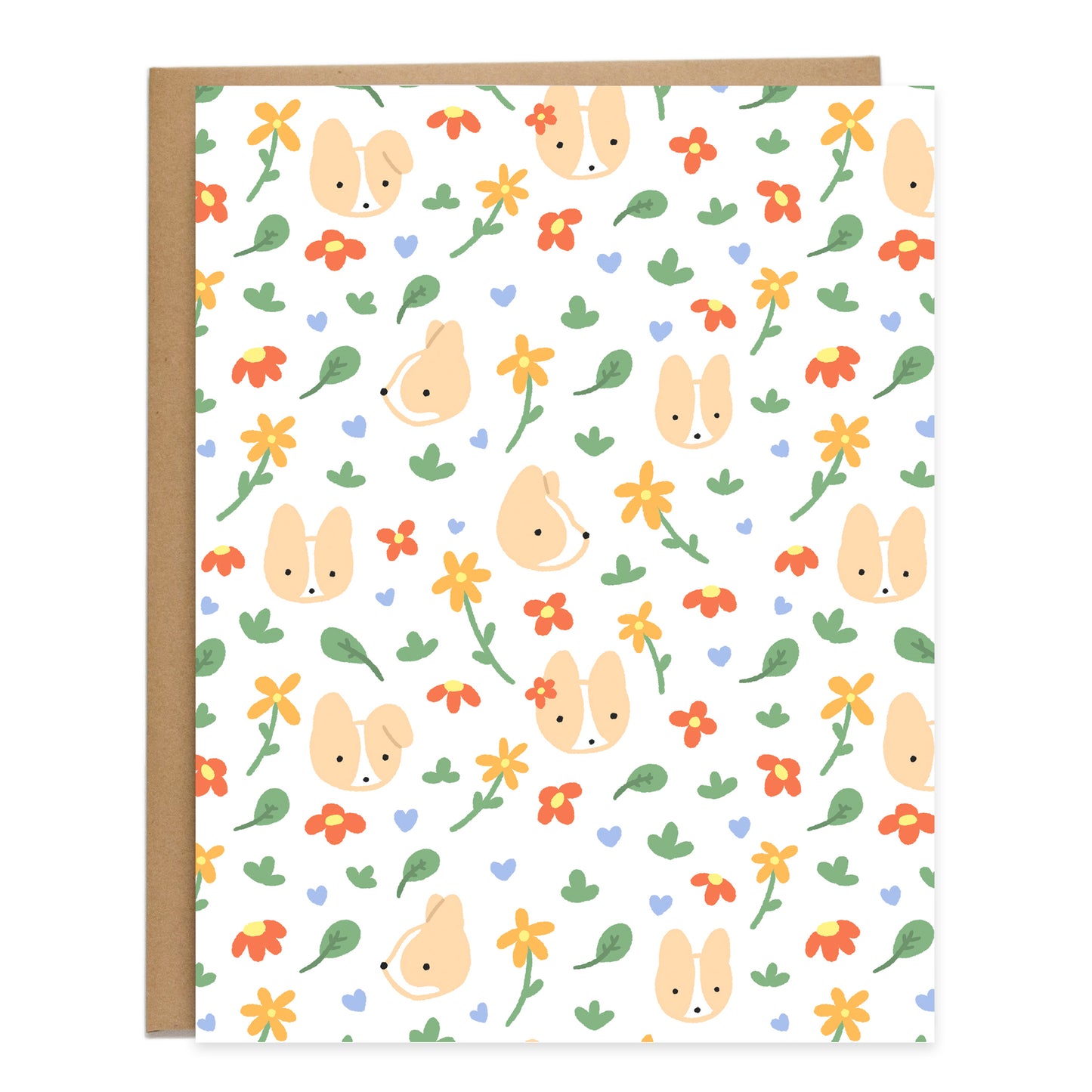 a pattern of corgi heads looking around with blue hearts, leaves, and red and orange flowers floating around