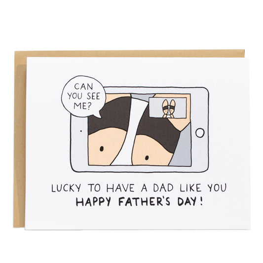 facetime with two corgis and dad's screen shows a close up of their face as they say, can you see me? The card at the bottom reads, luck to have a dad like you, happy father's day!