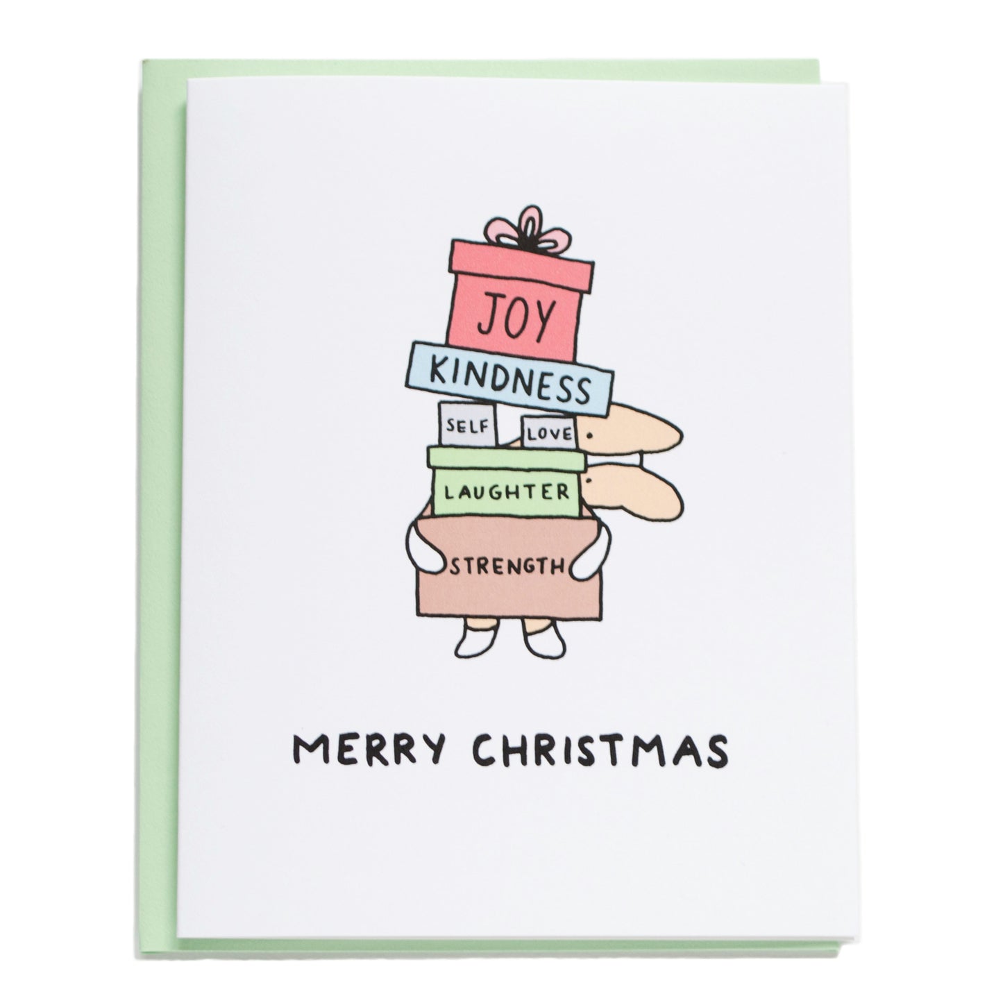 a corgi peeping its head out from holding a pile of presents that read, joy, kindness, self love, laughter, and strength. at the bottom the card reads merry christmas
