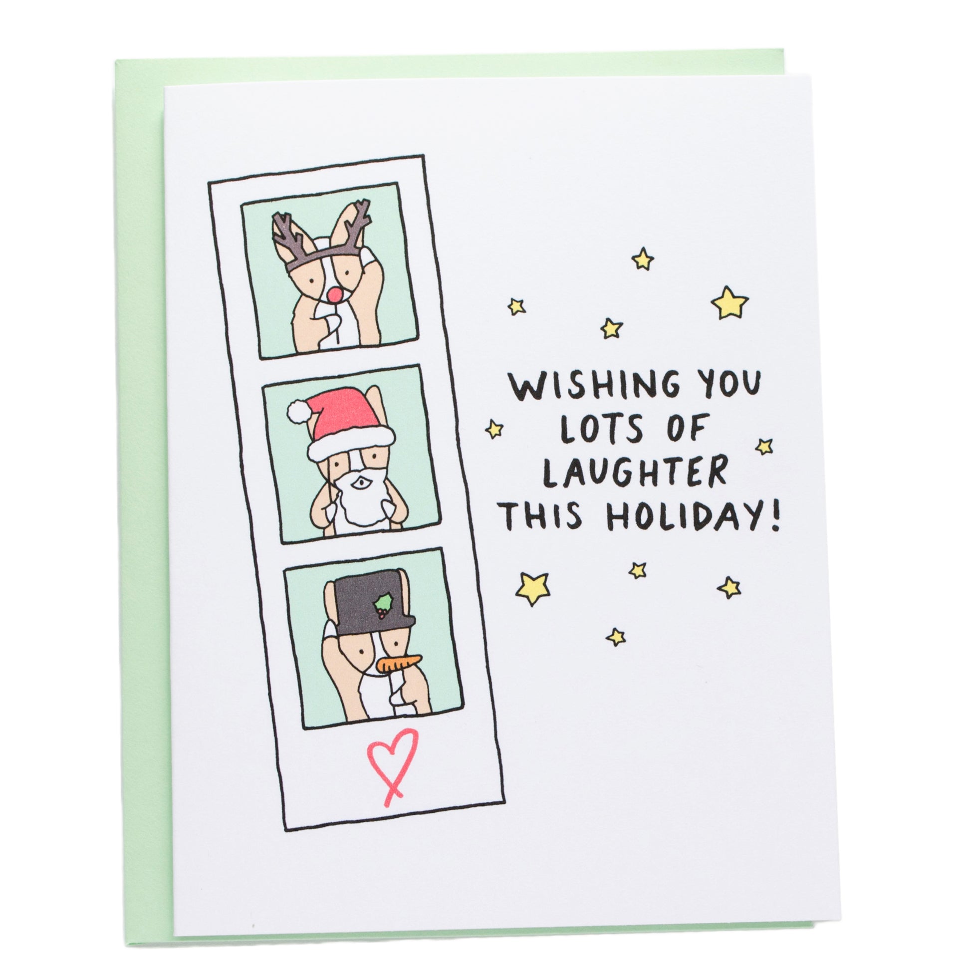 a photo strip of a corgi holiding up Santa, Reindeer, and Snowman, Photo Booth Props. the card reads, wishing you lots of laughter this holiday!