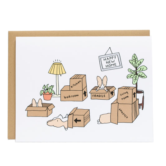 a bunch of moving boxes scattered and four corgis that are sleeping and peeking out. in a crooked frame hanging on the wall it reads, happy new home
