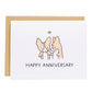 two corgis holding hands with a heart in between them, card reads, happy anniversary
