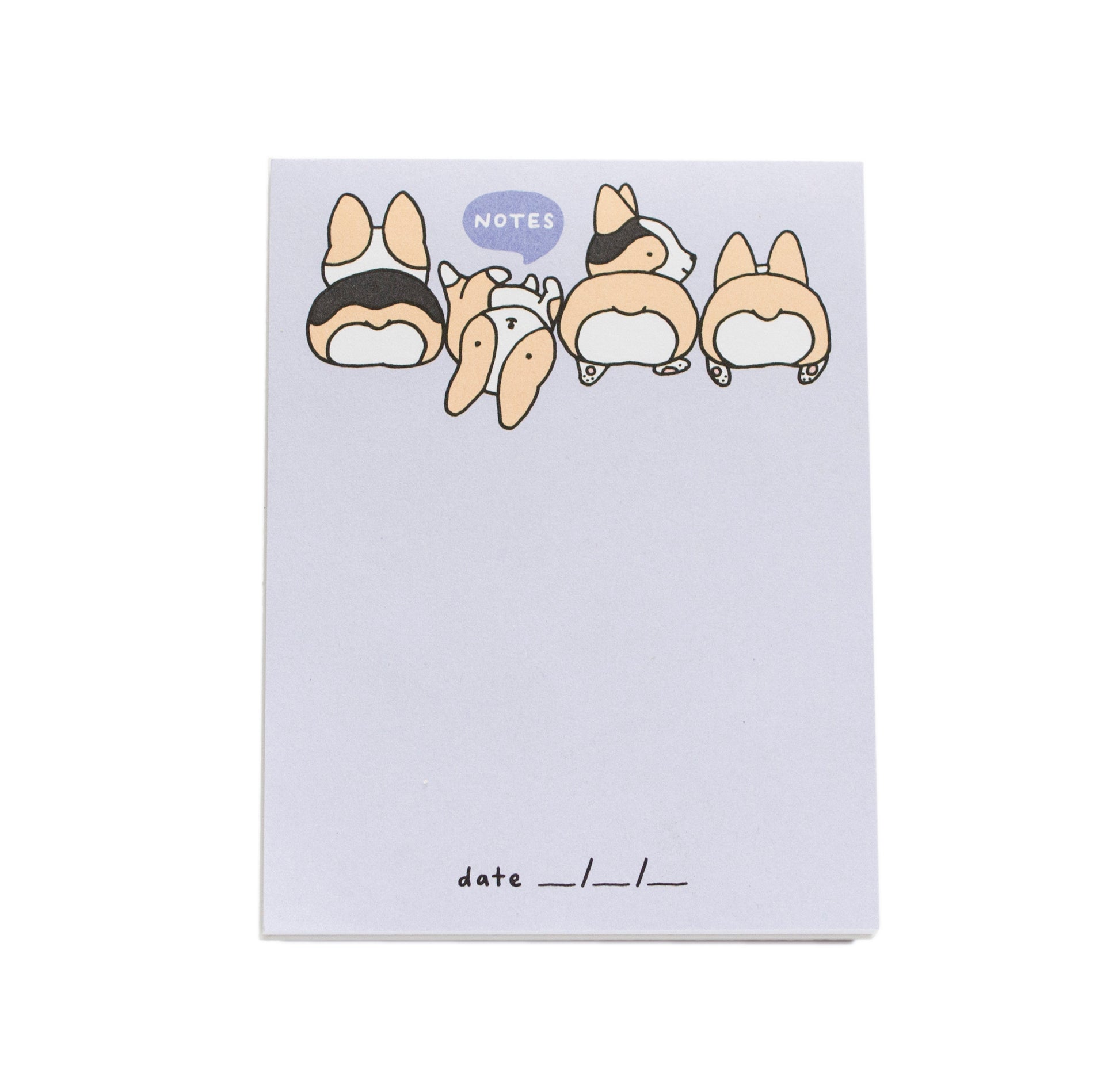 blank notepad that has a light purple background with four corgis across the top and a quote bubble reads 'notes' and a spot for the date