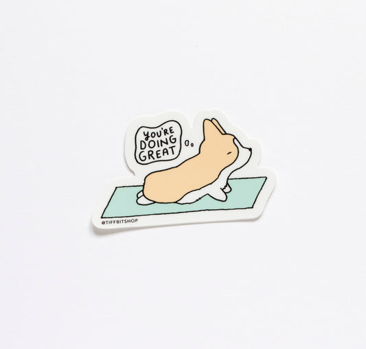 corgi doing yoga upward dog vinyl sticker