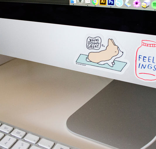 corgi doing yoga upward dog sticker on computer