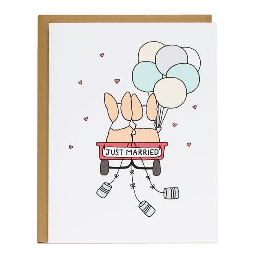 the back of two corgis in a red wagon holding balloons and the words, just married, on the wagon
