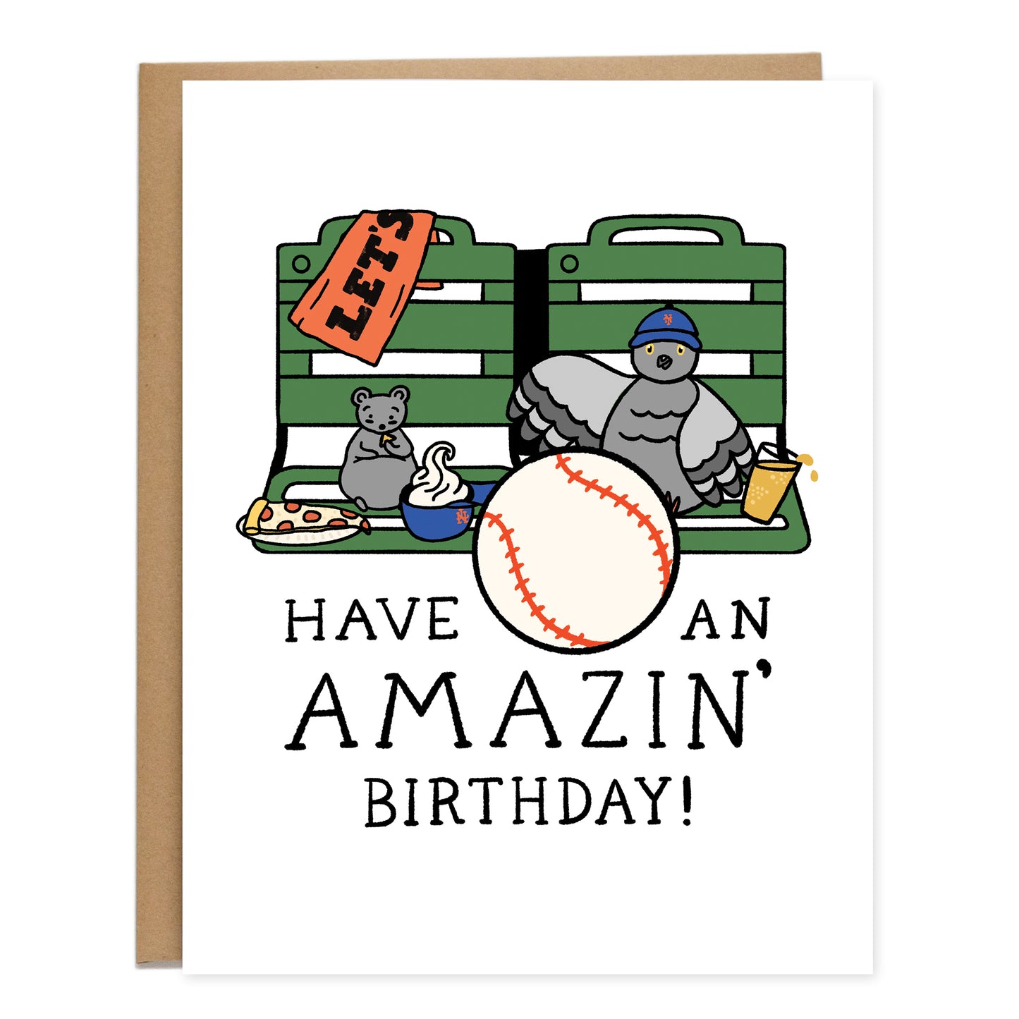 Amazin' Mets Birthday Card, Baseball, NYC, Pigeon, Pizza Rat