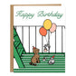 A drawing of a birthday party set on a green fire escape in NYC for a brown tabby cat wearing a birthday hat sitting with a pigeon wearing a birthday hat too and a rat floating down attached to three balloons holding a gift bag