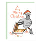 Greeting card with a drawing of a pigeon wearing a santa hat and they're holding a pizza box open as a gift to a cute rat standing, with a surprised look. There's a trailing red string with a gift tag on it. The card reads, A Very Merry Christmas