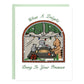Card looking into a window with holidays lights of a rat, pigeon, and cat friends around a table drinking and eating a pizza pie. The card reads, What A Delight Being In Your Presence
