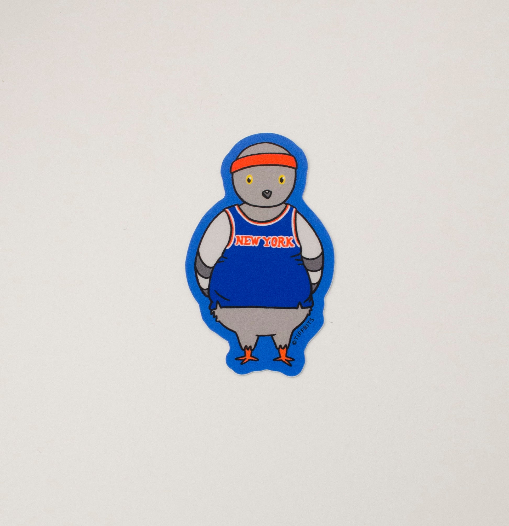 A drawing of a pigeon wearing a tightly fitted blue and orange basketball new york knicks jersey with an orange sweatband on its head, against a blue background