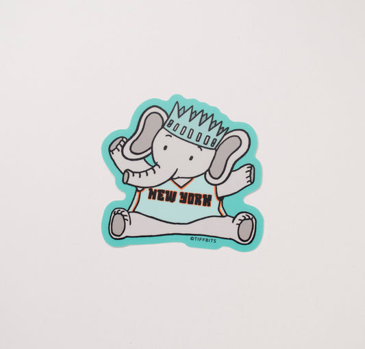 Sticker of the mascot Ellie the elephant of the NY Liberty WNBA team wearing her crown and teal jersey