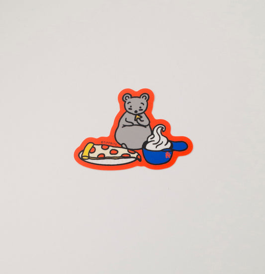 A drawing of a rat sitting at a baseball game with a slice of pizza in front of it and a mets hat cup filled with soft serve ice cream