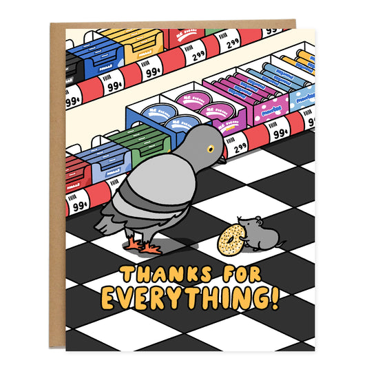 A drawing of a pigeon and rat holding an everything bagel, inside of a NYC deli with shelves of candy behind them.