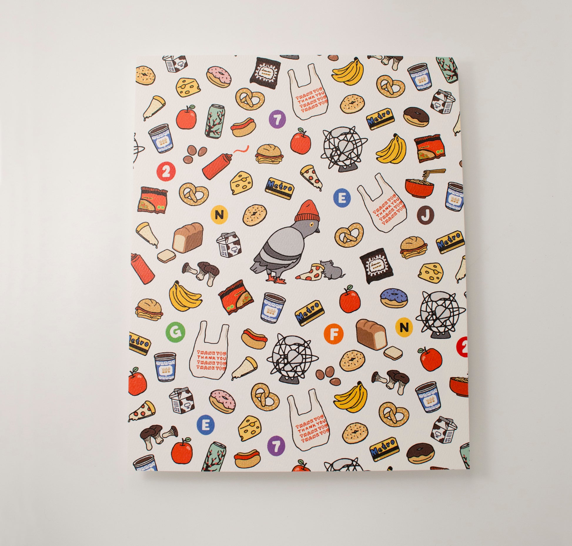 An illustration of nostalgic and quintessential new york city foods surrounding a pigeon with a red beanie and pizza rat in the center