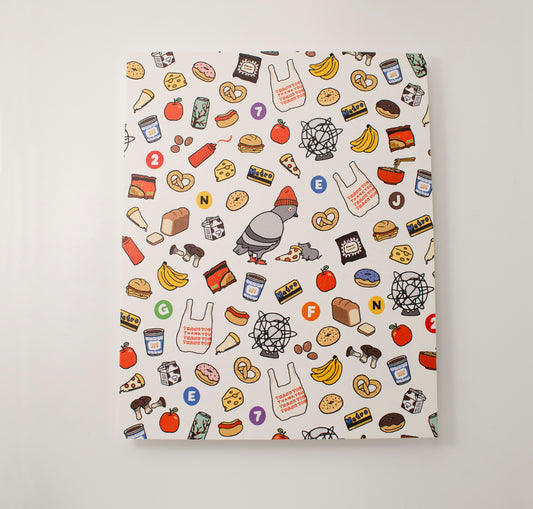 An illustration of nostalgic and quintessential new york city foods surrounding a pigeon with a red beanie and pizza rat in the center