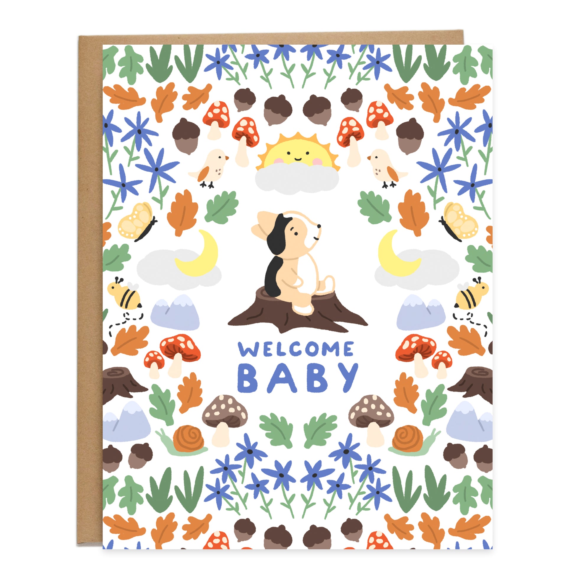A baby tricolor corgi sitting on a tree stump looking up surrounded by a pattern of woodland themes like acorns, leaves, mushrooms, mountains, bees, birds, snails, and blue wildflowers