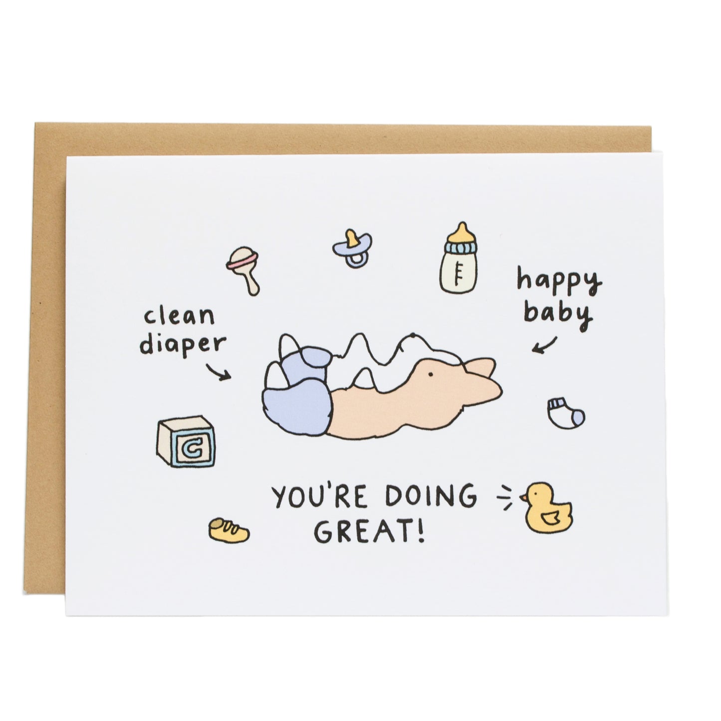 a baby corgi lying on its back wearing a diaper with baby toy blocks, a pacifier, bottle, socks, and baby duck around it. the card reads you're doing great!