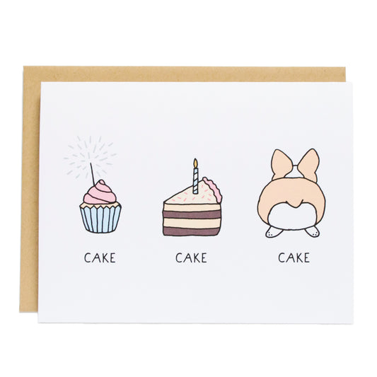 a trio of drawings of a cupcake, slice of cake, and corgi butt with the word cake underneath each