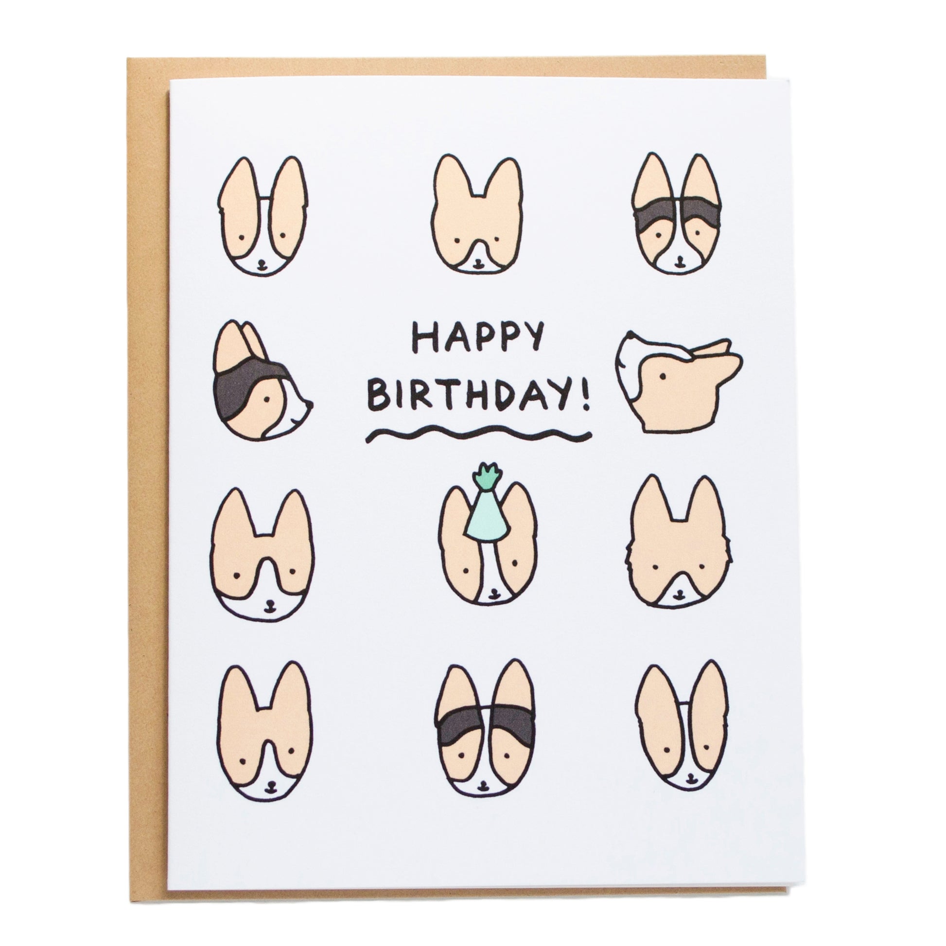 a card with 11 different corgi heads and tricolor corgis, card says happy birthday in the middle