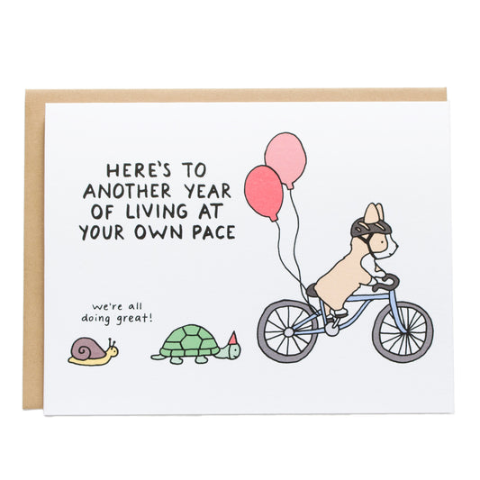 a corgi riding a bike with a turtle in a birthday hat behind it and a snail behind it saying, we're all doing great! the card reads, here's to another year of living at your own pace