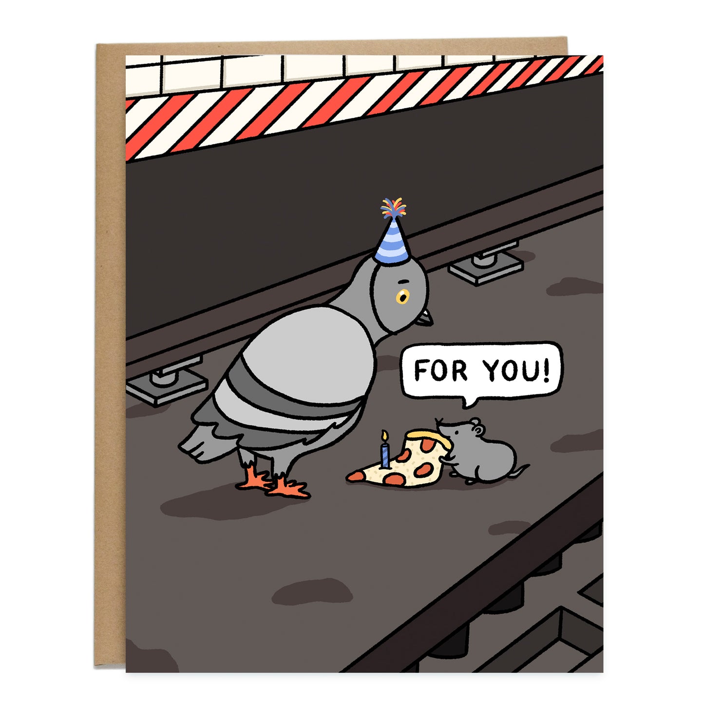 A drawing on the subway train tracks, of a pigeon wearing a birthday hat and a rat holding a pizza with a candle on it. The rat has a speech bubble above it that reads, for you!