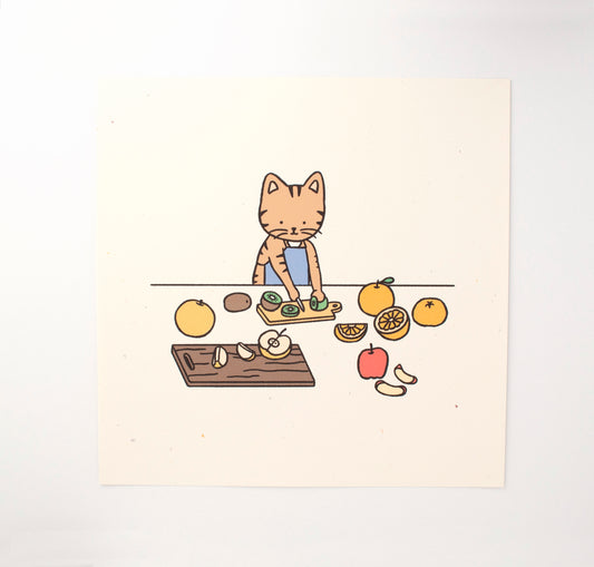 A drawing of a brown tabby cat wearing a cornflower blue apron, cutting kiwi on a small cutting board, a spread of fruits are scattered around it (asian pear, orange, apples)