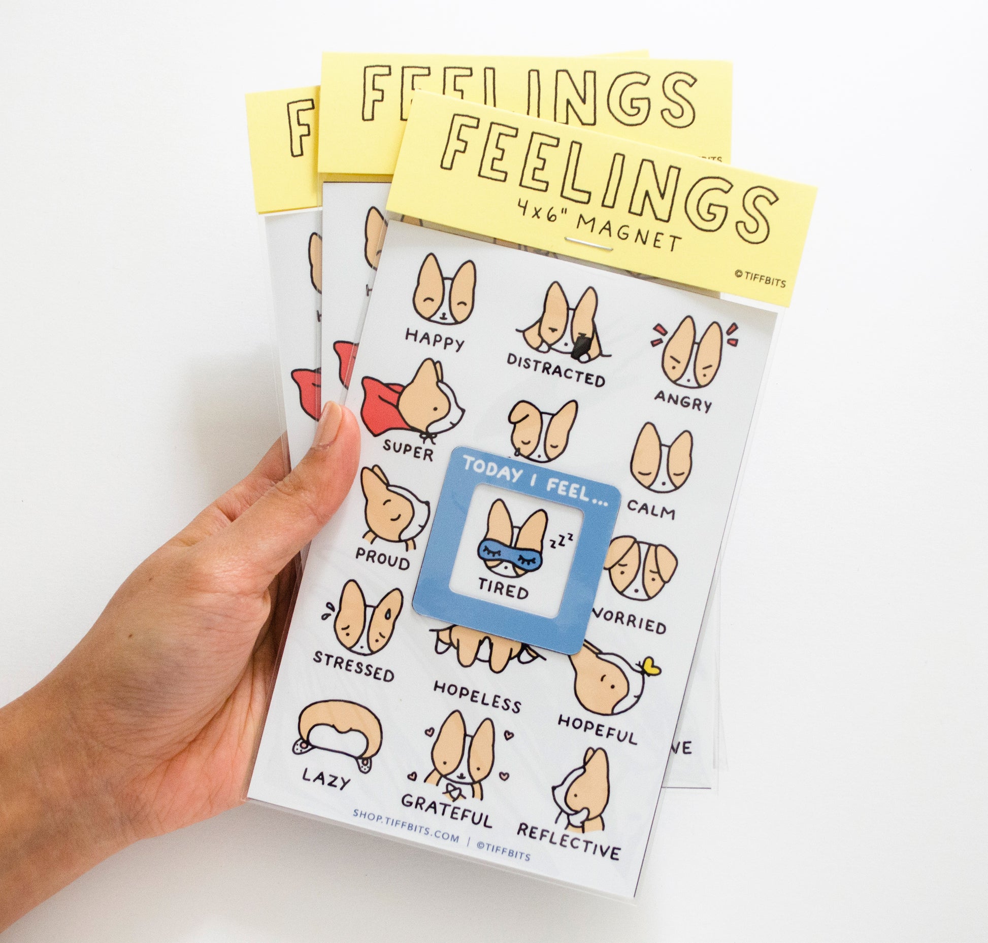 packaged photo of feelings magnet of a chart of feelings with cute corgi expressions ranging from happy to reflective to angry to calm