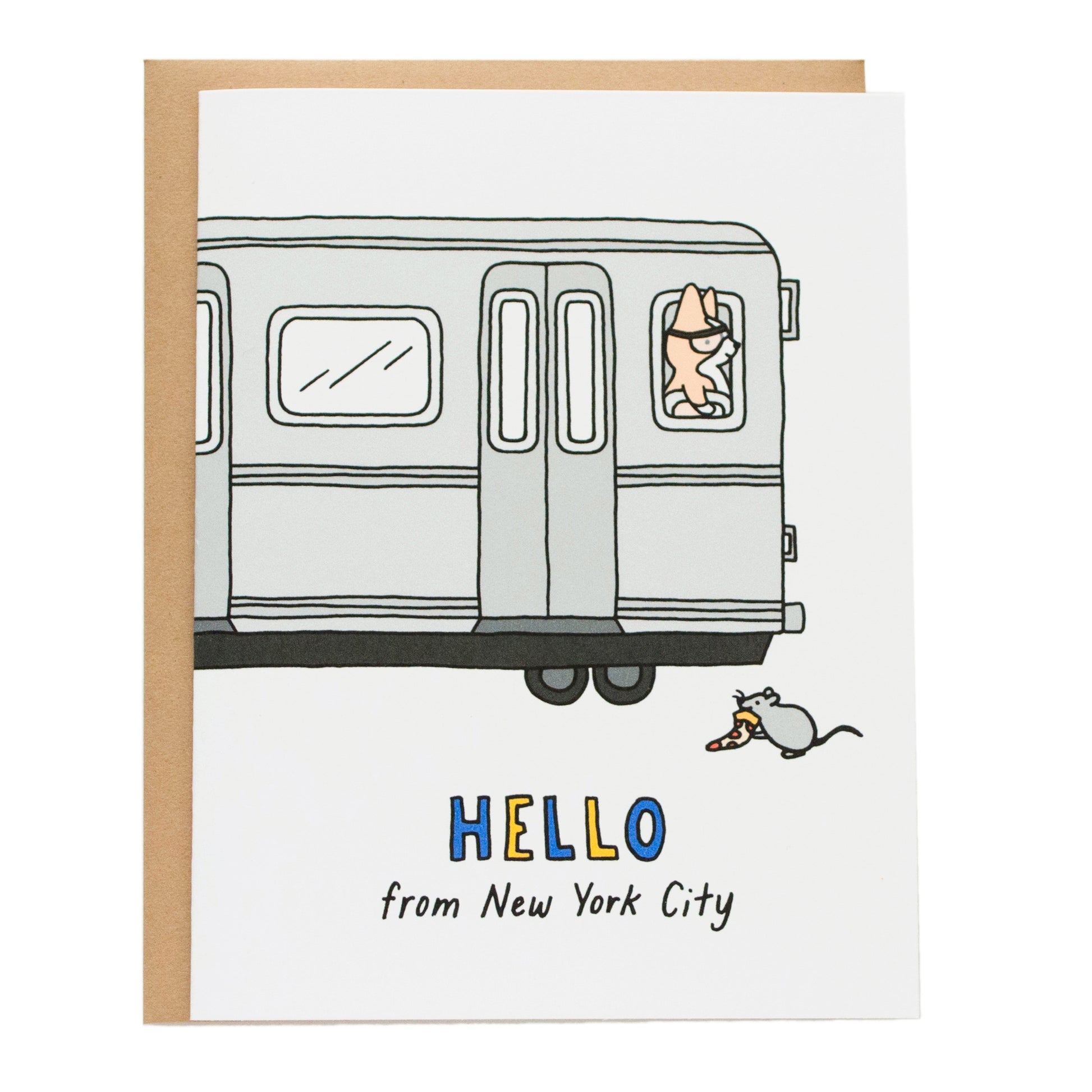 new york city inspired drawing of a corgi train/subway conductor and iconic pizza rat, card reads: hello from new york city