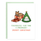 A drawing of a brown tabby cat sitting inside of a red gift box that sits next to a fancy cat bed that's shaped as a christmas tree. In green and red text the card reads, Thankful for you (I promise), Merry Christmas