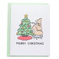 a pair of corgis on a stool helping put lights up on a christmas tree, card reads, merry christmas