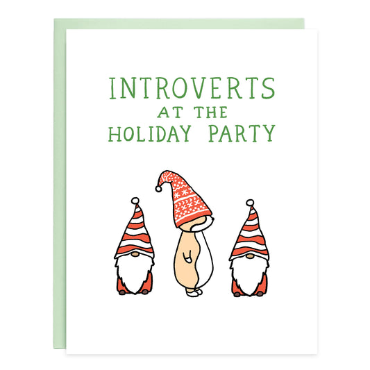 Top of card reads, introverts at the holiday party, in green. Underneath are two identical gnomes and in the middle is a corgi with a gnome hat hiding or trying to blend in