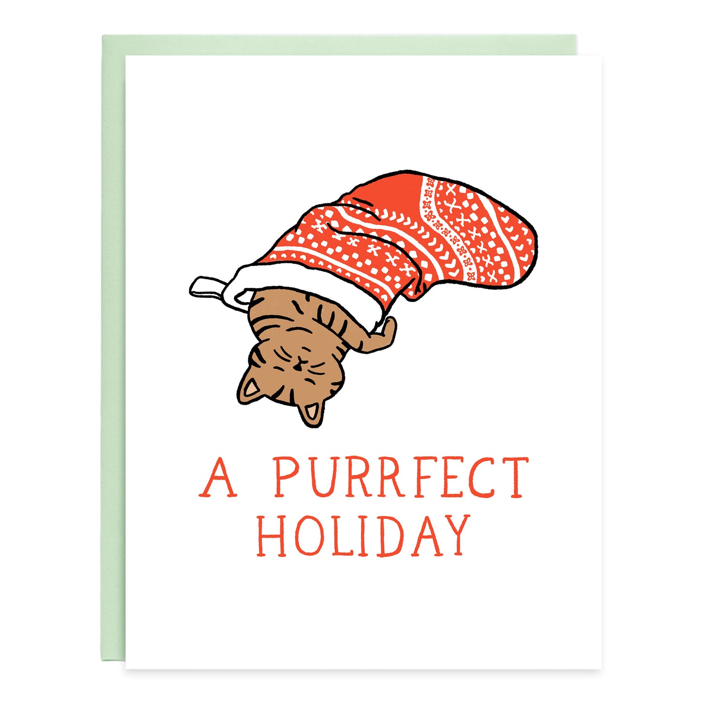 A drawing of a brown tabby cat sleeping inside of a red holiday stocking. In red text the card reads, A purrfect holiday