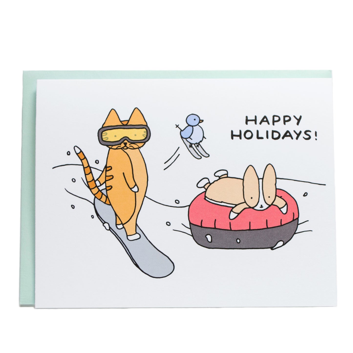 a corgi snowboarding, a bird in the air on skis, and a corgi snow tubing. card reads, happy holidays!